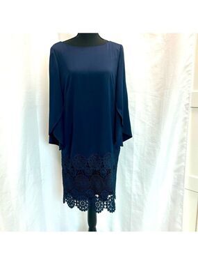 TAHARI ASL WOMEN'S NAVY BLUE EMBROIDERED LACE TRIM TULIP BELL SLEEVE SHIFT DRESS